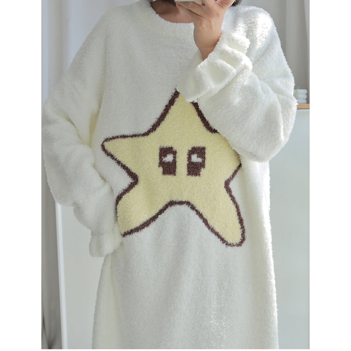 Cute Star Pattern Round Neck Winter Nightgown Pajamas Dress