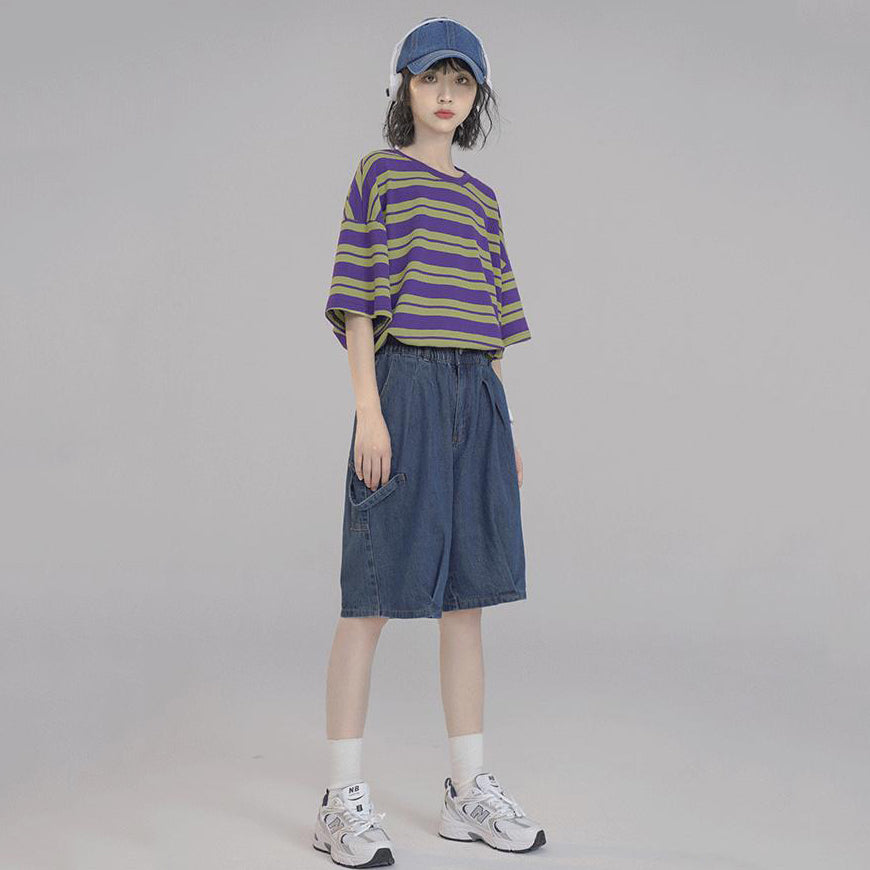 Japanese-style Summer Casual Purple Striped Short-sleeved T-shirt