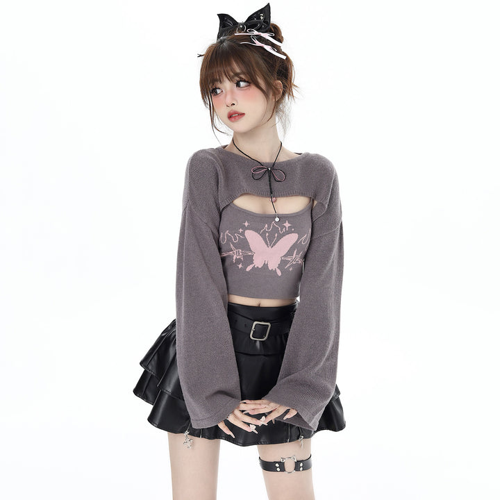 Butterfly printed pink gray long-sleeved top for spring and autumn