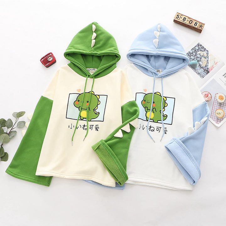 Dinosaur Japanese Letter Print Warm Hoodie