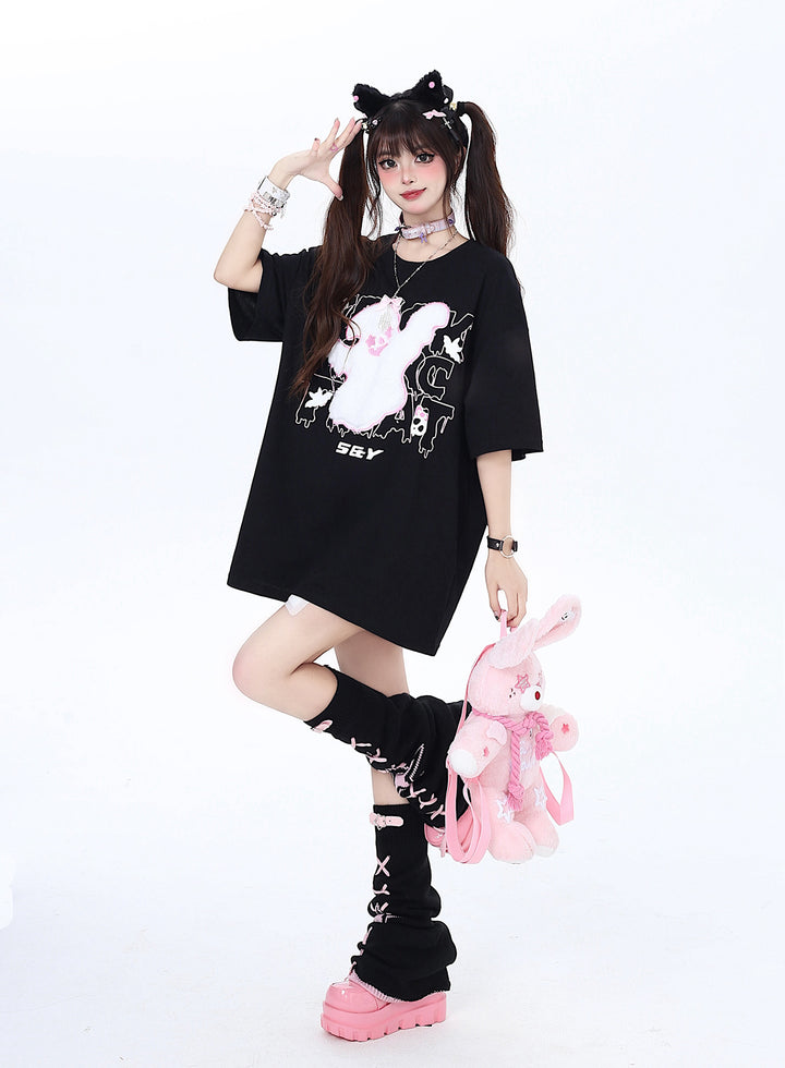 Little Ghost Embroidered Black Loose T-Shirt