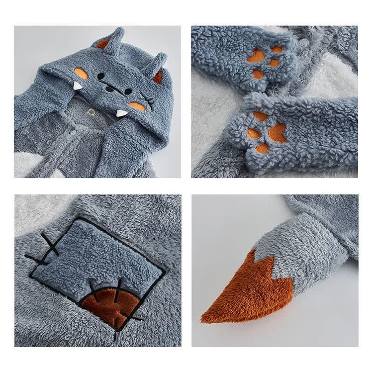 Cartoon Wolf Sheep Plush Wearable Hooded Blanket