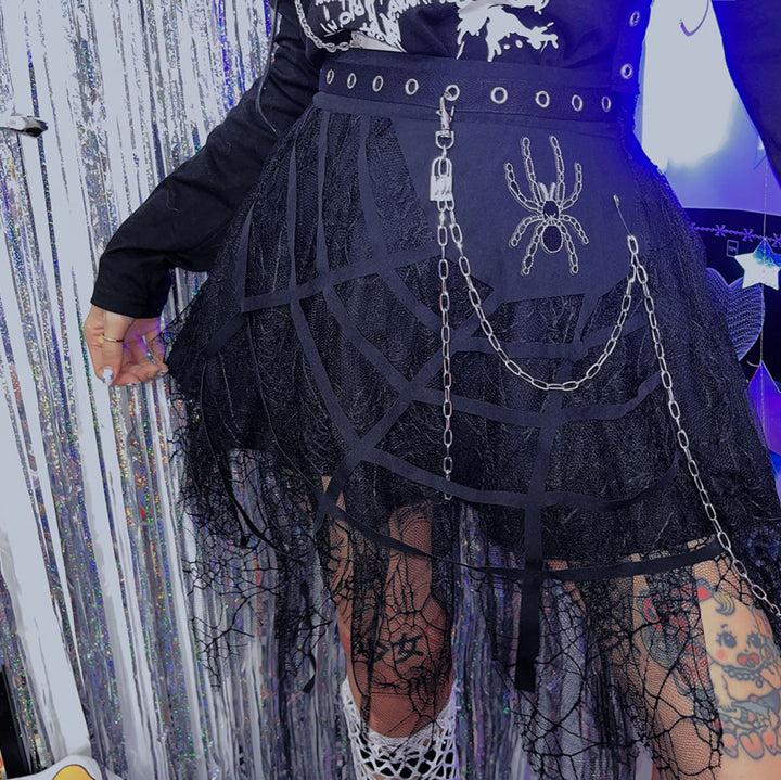 Punk spider chain irregular lace mini skirt