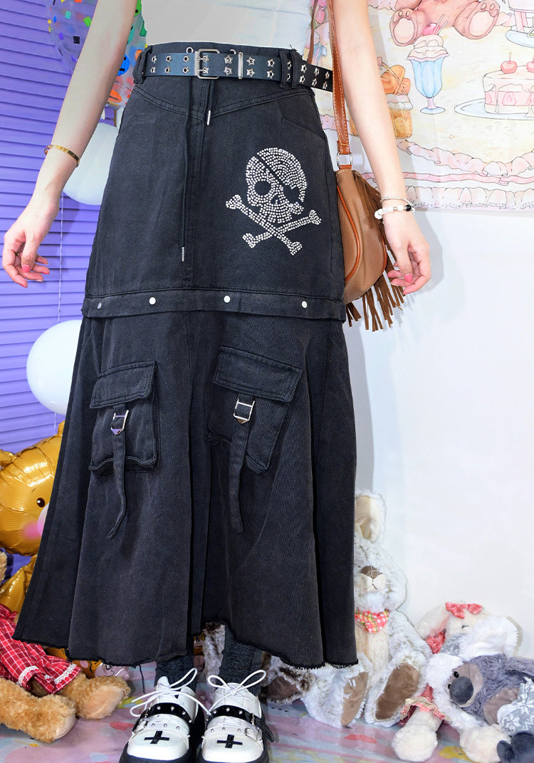 Punk dual-wear detachable long skirt transforming into short denim skirt