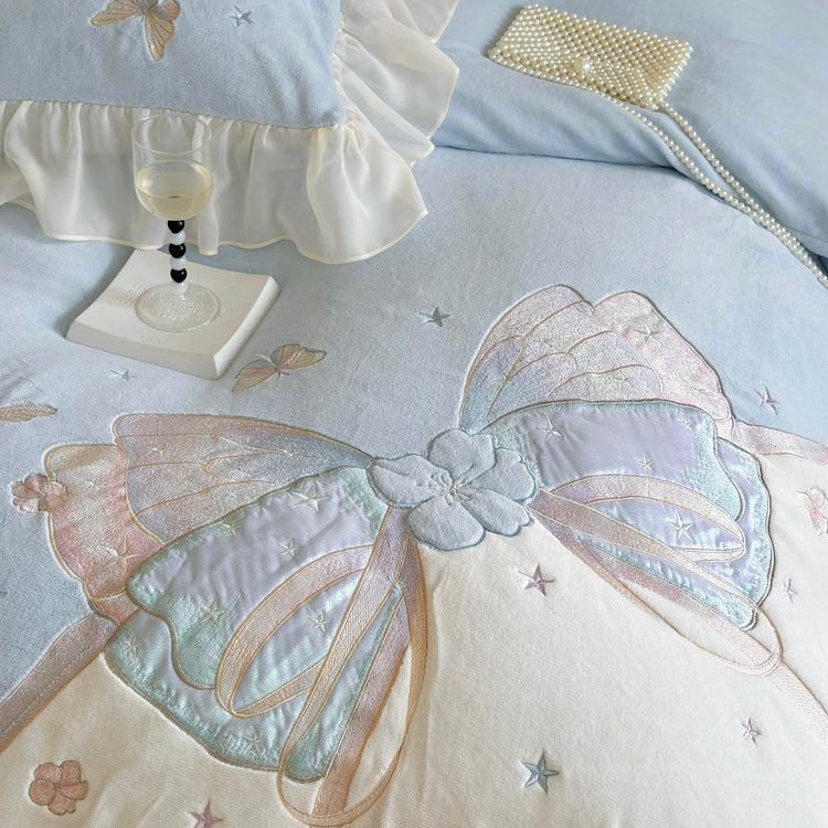 Butterfly Embroidery Milk Velvet Autumn/Winter Duvet Cover Set