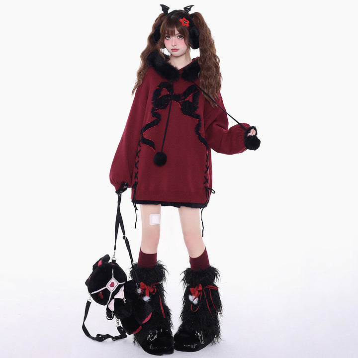 Bowknot black and red sweater for spring autumn winter