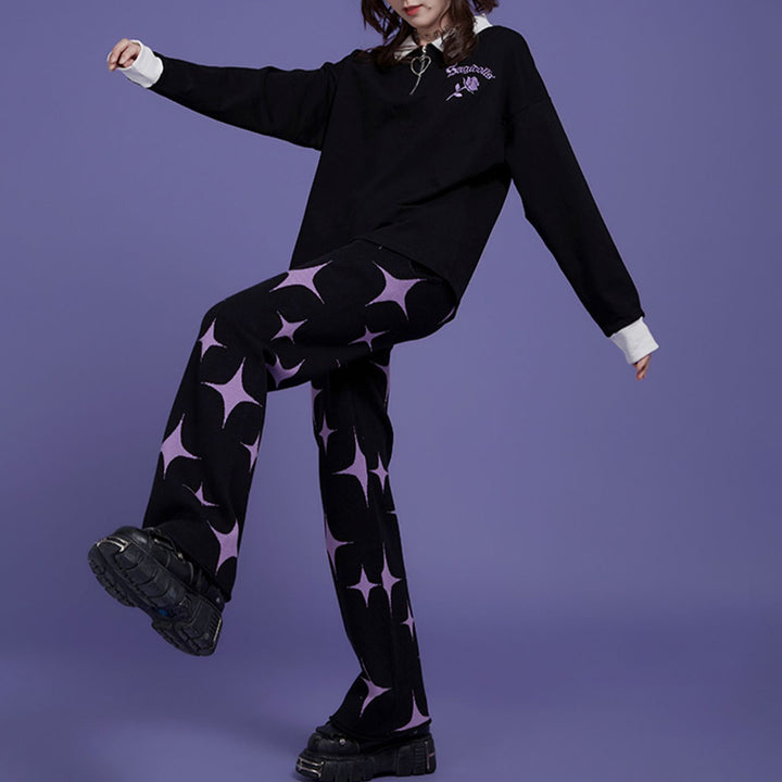 Black Purple Star Knitted Pants Thickened Warm Long Casual Pants