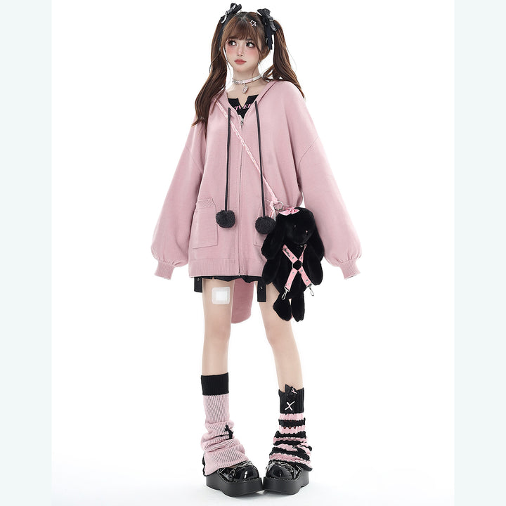 Cute Bunny Ear Zippered Hooded Knit Cardigan Sweater