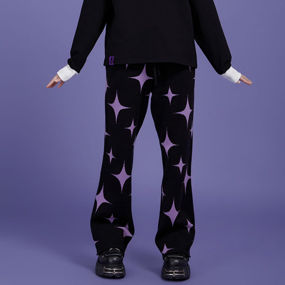 Black Purple Star Knitted Pants Thickened Warm Long Casual Pants