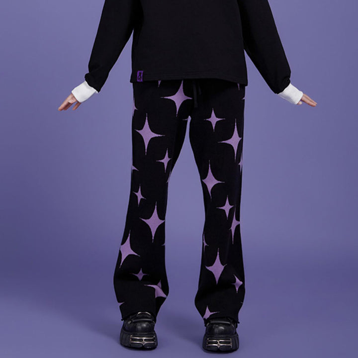 Black Purple Star Knitted Pants Thickened Warm Long Casual Pants