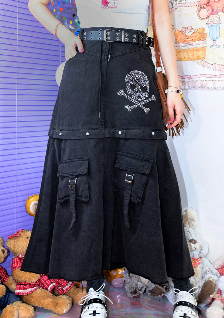 Punk dual-wear detachable long skirt transforming into short denim skirt