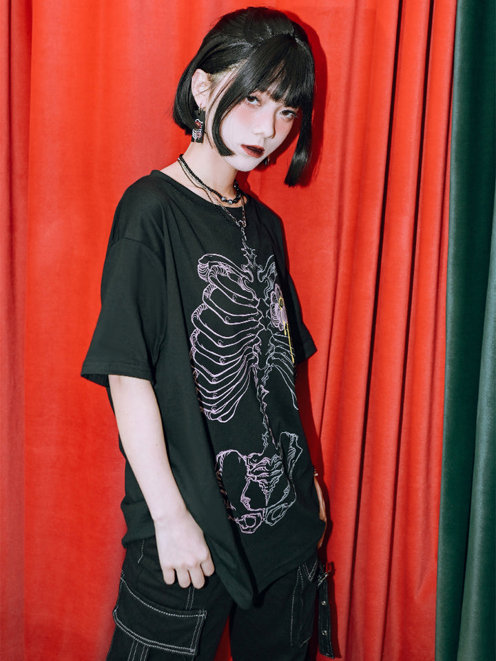floral bone print Dark aesthetic short-sleeve top