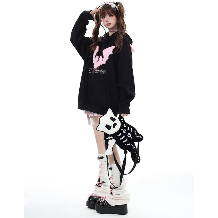 Little Devil Horns Bat Embroidery Thickened Hooded Loose Hoodie