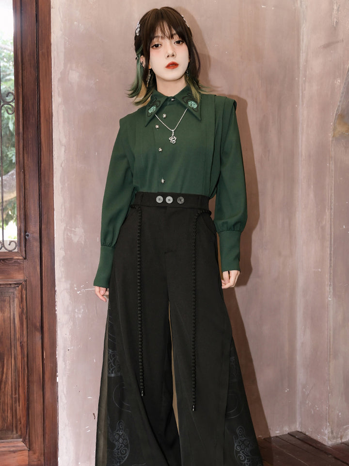 Dark green Chinese-inspired embroidered shirt with asymmetrical pointed collar