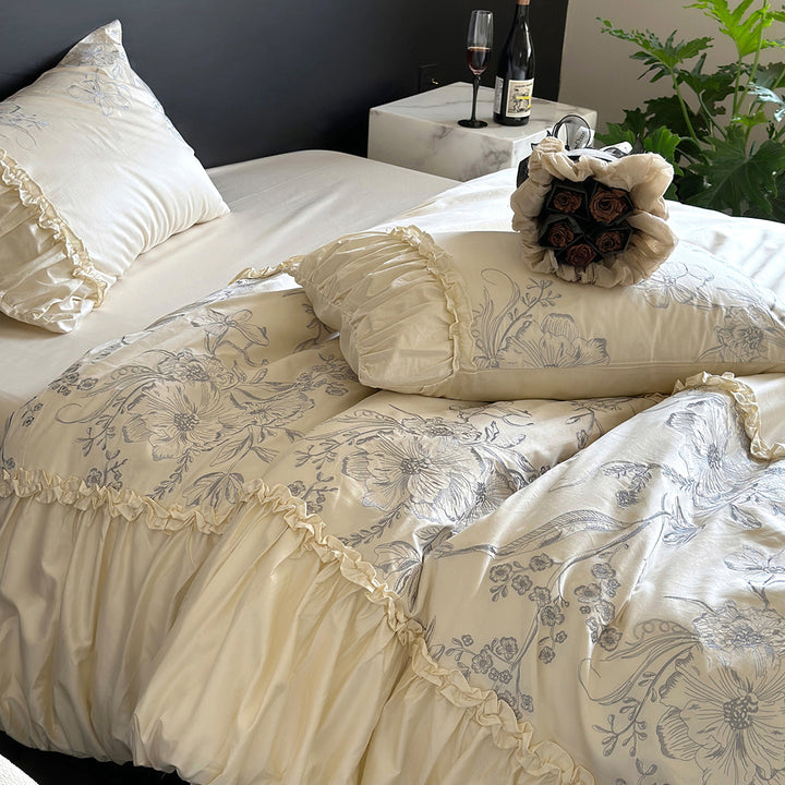 Floral Embroidery Ruffled Lace Cotton Bedding Set