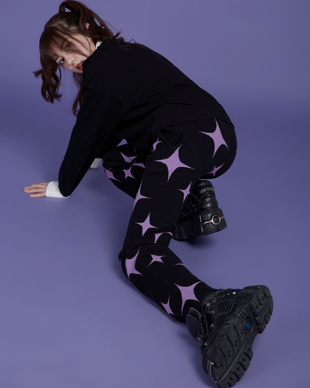 Black Purple Star Knitted Pants Thickened Warm Long Casual Pants