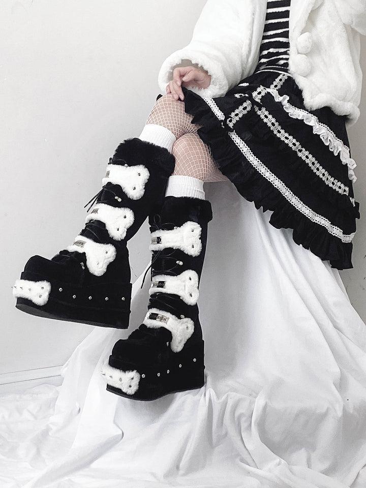 Fleece Lace Up Black Winter Platform Boots