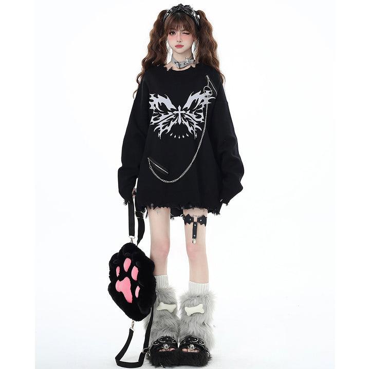 Butterfly Pattern Chain-Decorated Round Neck Knit Sweater
