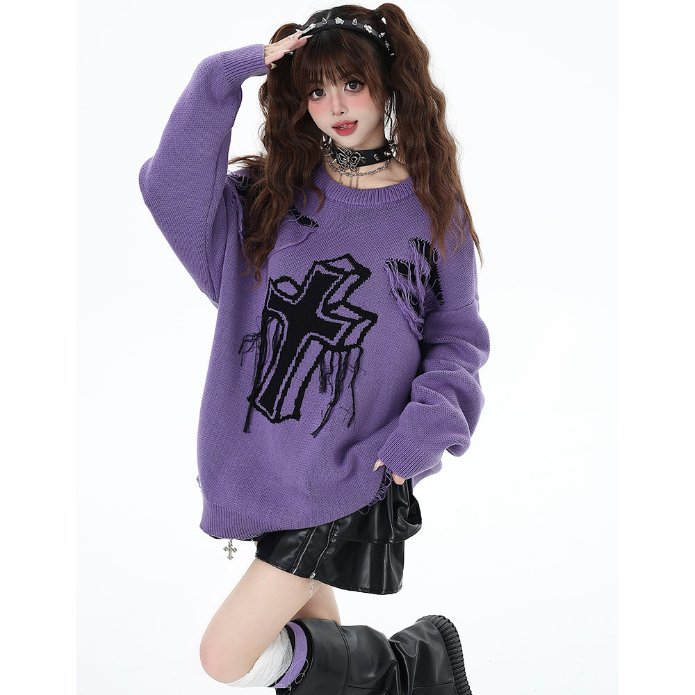 Cross Pattern Distressed Holes Black-Purple Loose Fit Sweater