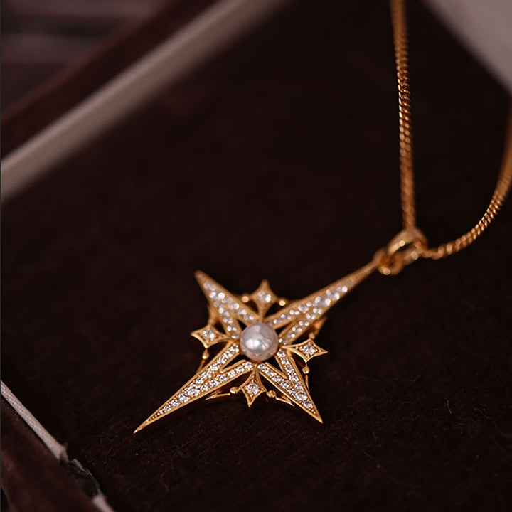 French Vintage Exquisite Star-shaped Silver Pearl Pendant Necklace