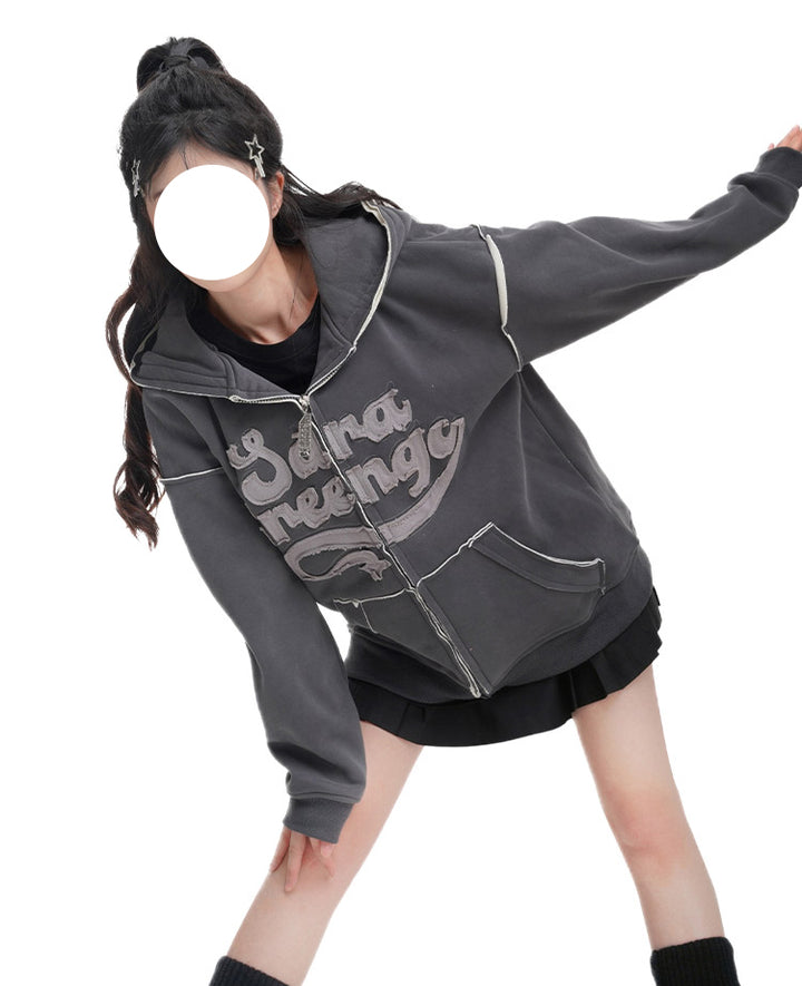 Little Devil Letter Embroidery Sweatshirt with Pockets