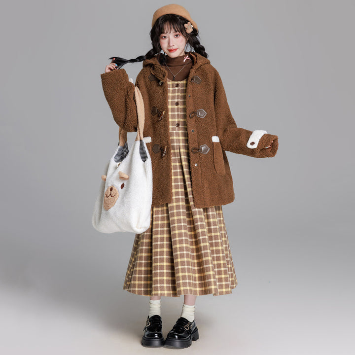 Cozy Brown/Cream White Toggle Shearling Coat