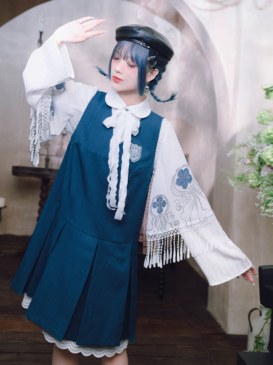 ‘Blue Tears’ printed white shirt with Peter Pan collar and layered sleeves