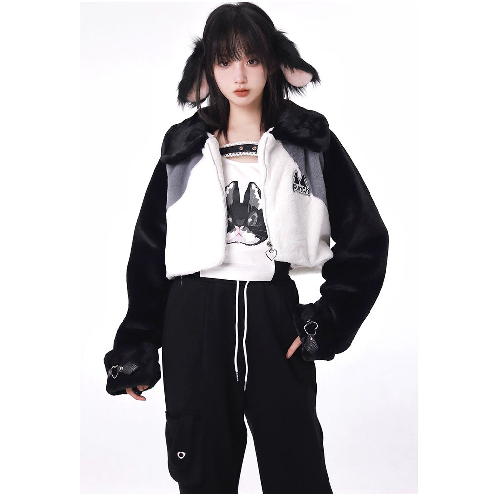 Kitty Pattern Coat Top Fleece Straight Leg Pants Hoodie