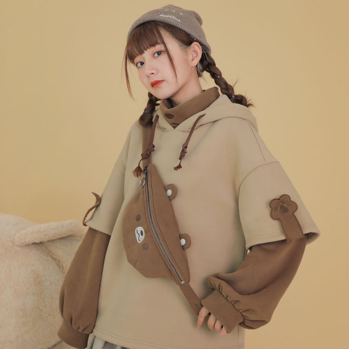 Cute Bear Fake Two-Piece Plush Hoodie