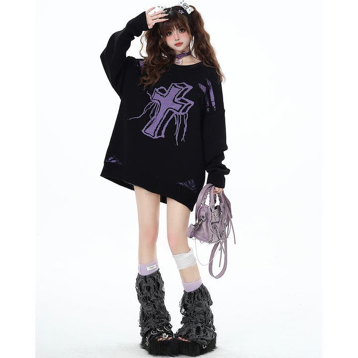Cross Pattern Distressed Holes Black-Purple Loose Fit Sweater