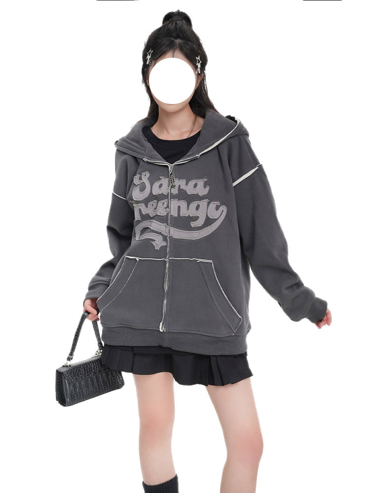 Little Devil Letter Embroidery Sweatshirt with Pockets