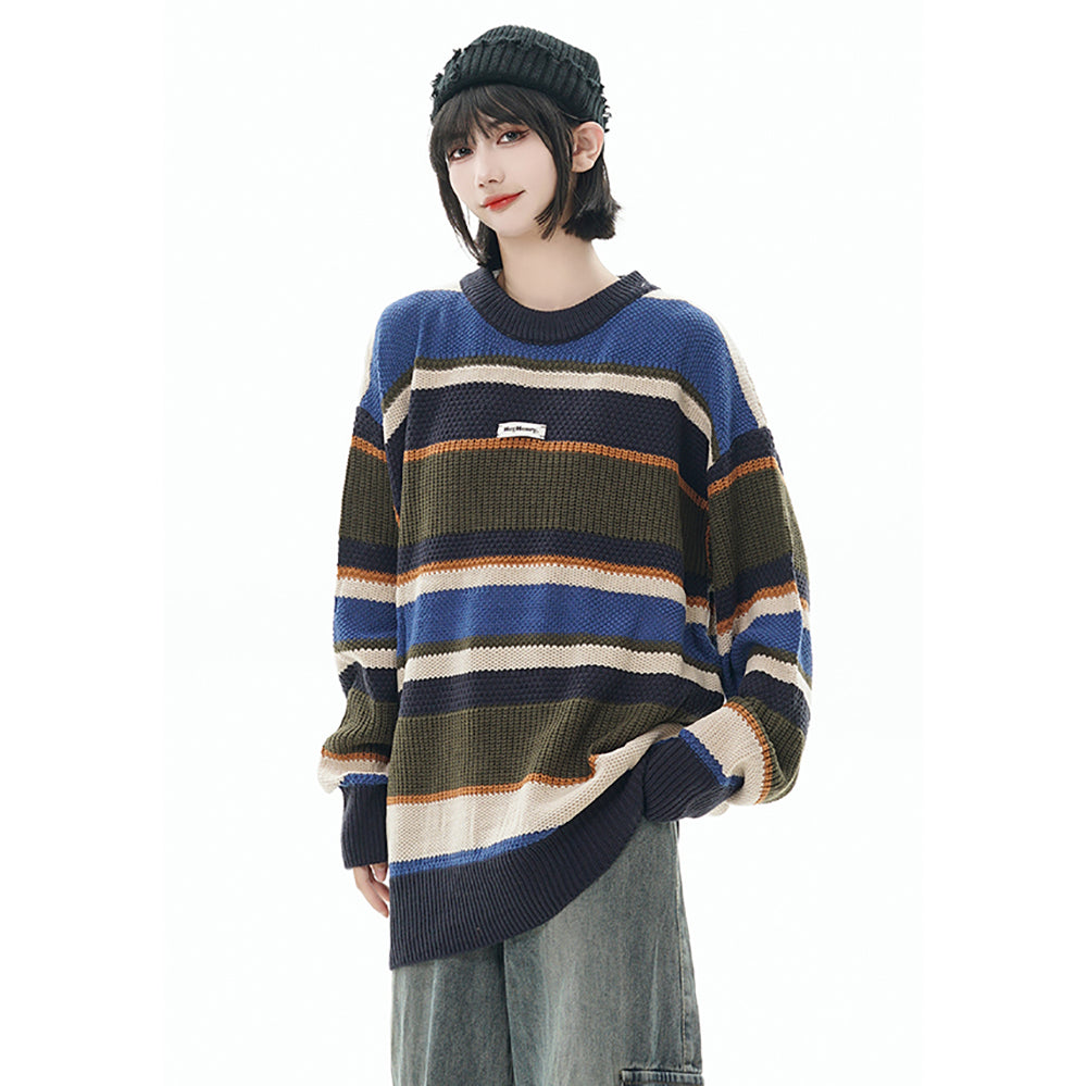 Vintage Striped College Style Loose Round Neck Knit Sweater