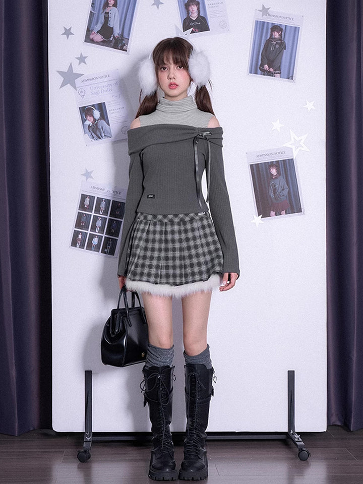 Gray Off-Shoulder Faux Two-Piece Knit Top