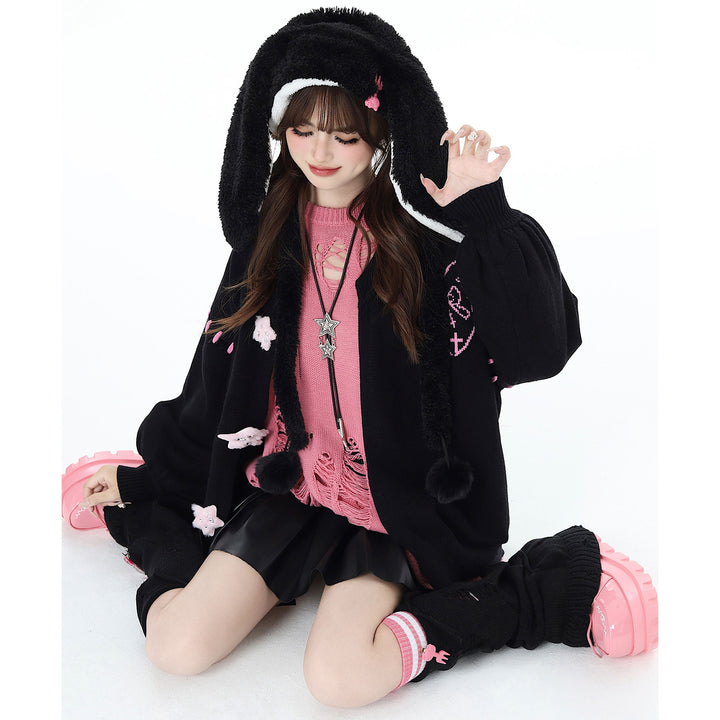 heart embroidery  Black knit sweater cardigan for autumn and winter