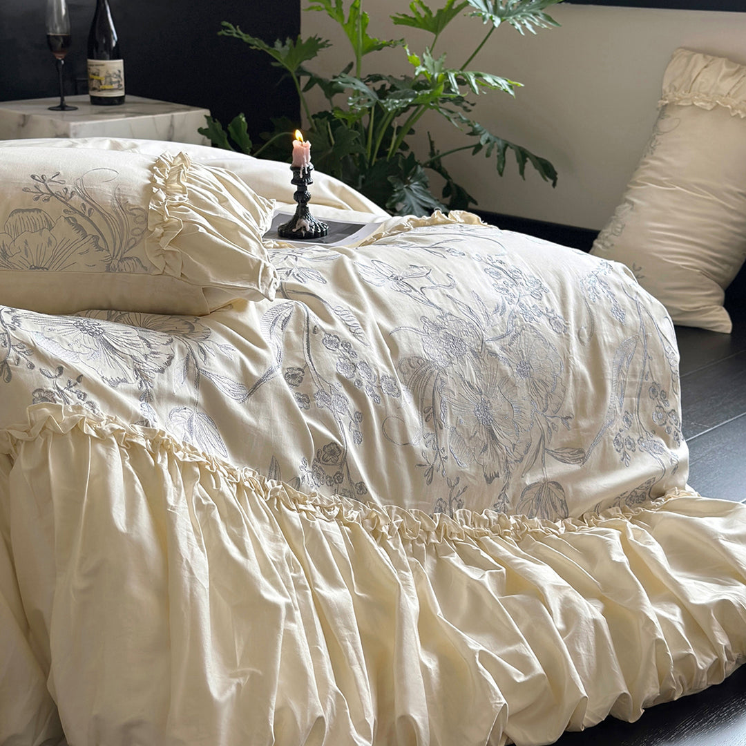 Floral Embroidery Ruffled Lace Cotton Bedding Set