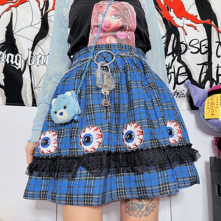 Japanese Harajuku Y2K eyeball embroidered plaid punk mini skirt