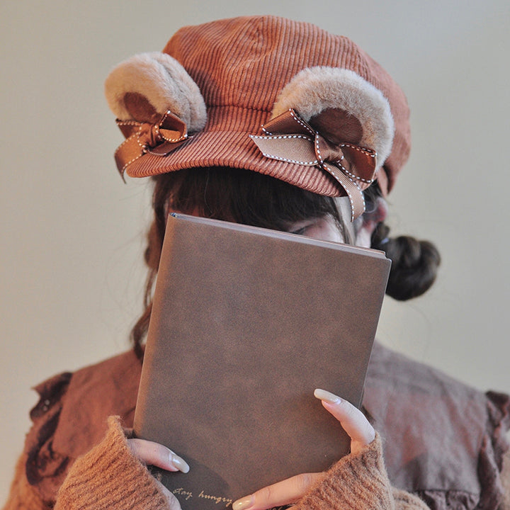 Velvet Bear Ear Corduroy Newsboy Cap with Bow