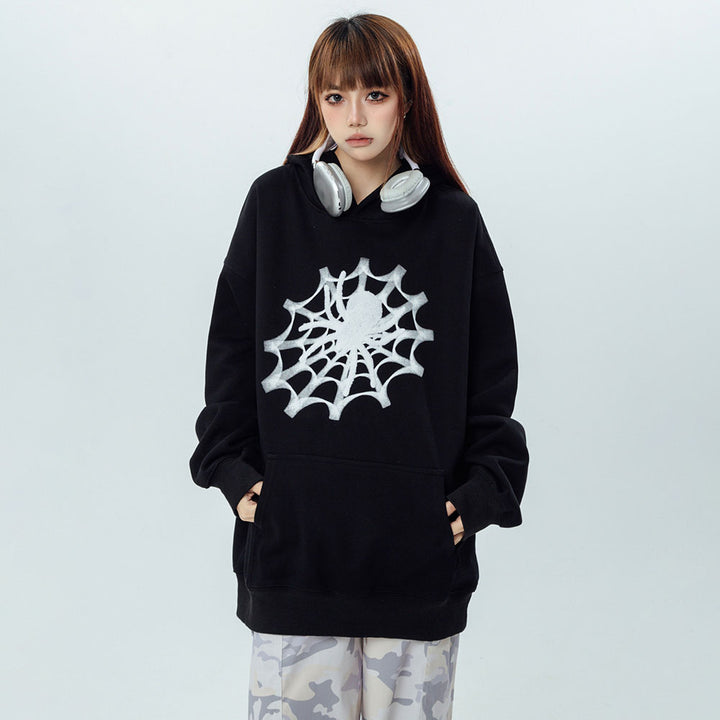 Vintage Spider Web Print Pocket Loose Hoodie