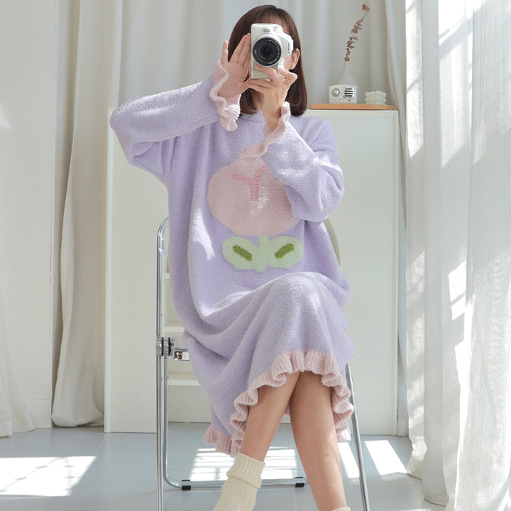 Tulip Pattern Round Neck Winter Nightgown Pajamas Dress