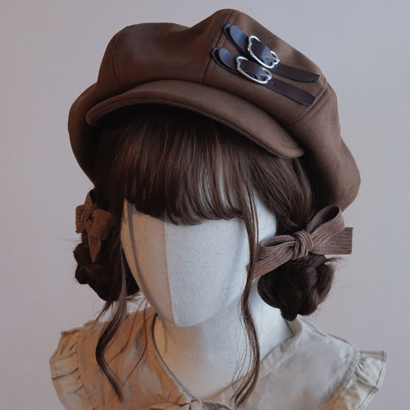 Brown Leather Buckle Beret