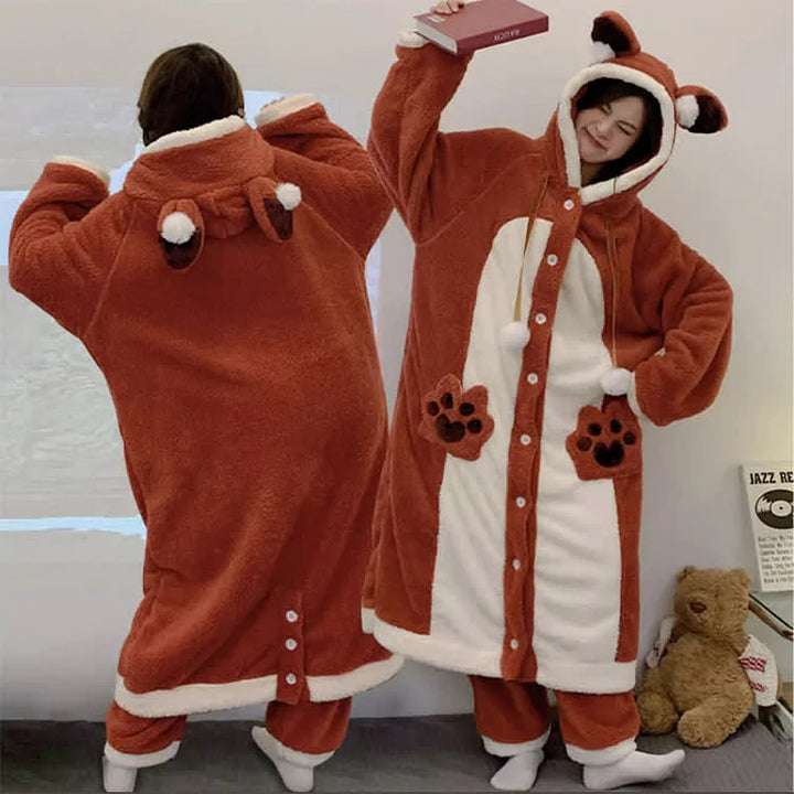Cute Cartoon Fox Plush Hooded Pajamas Set