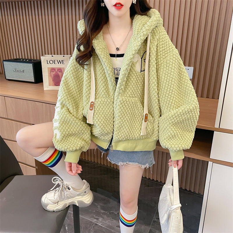 Korean-Style Loose-Fit Fleece Pocket Hooded Cardigan