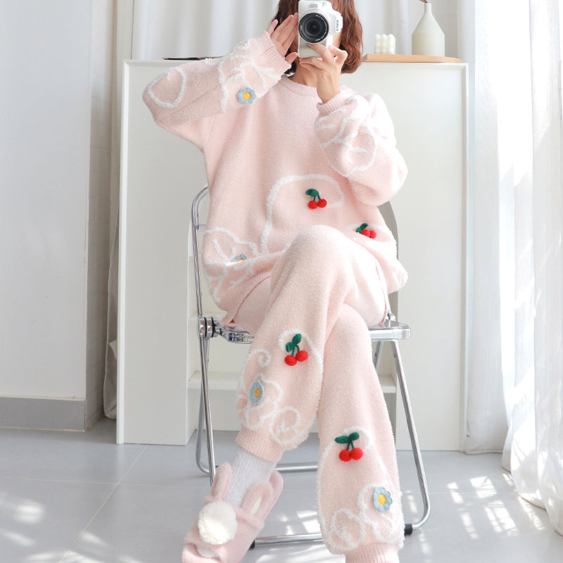 Cherry Pattern Round Neck Pink Pajama Set