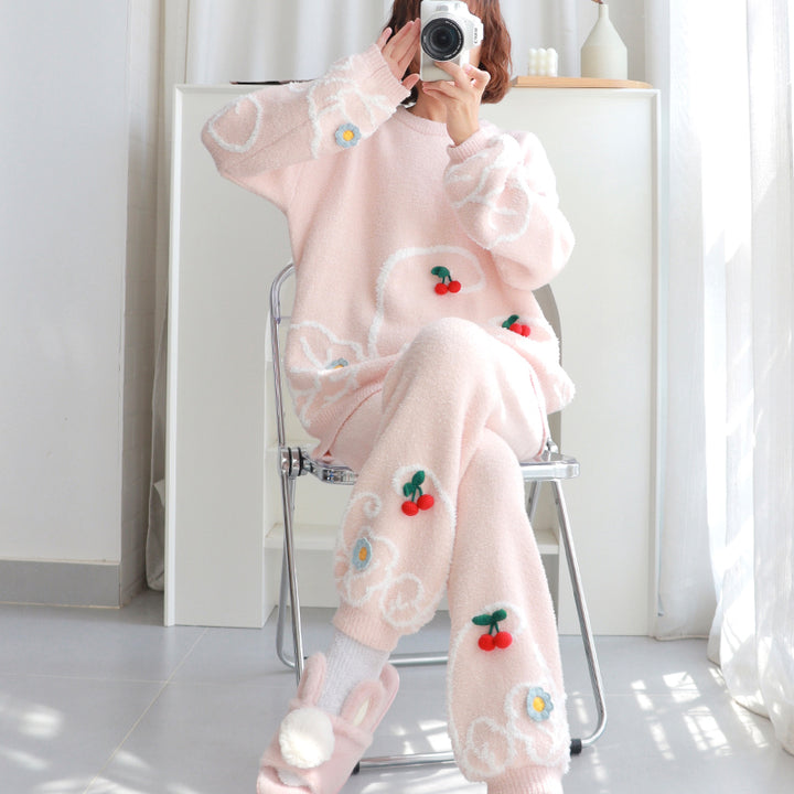 Cherry Pattern Round Neck Pink Pajama Set