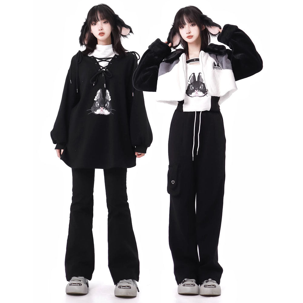 Kitty Pattern Coat Top Fleece Straight Leg Pants Hoodie