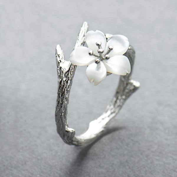 White Cherry Blossom Silver Ring