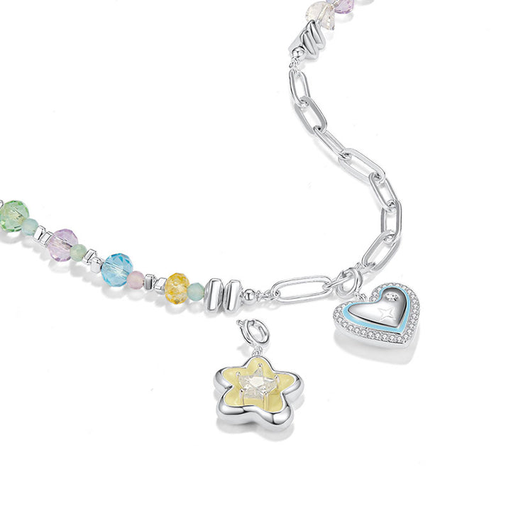 Colorful Beaded Necklace with Heart and Star Charms