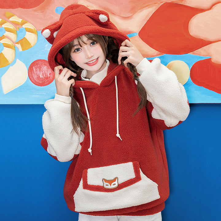 Cartoon Fox Pocket Plush Hoodie