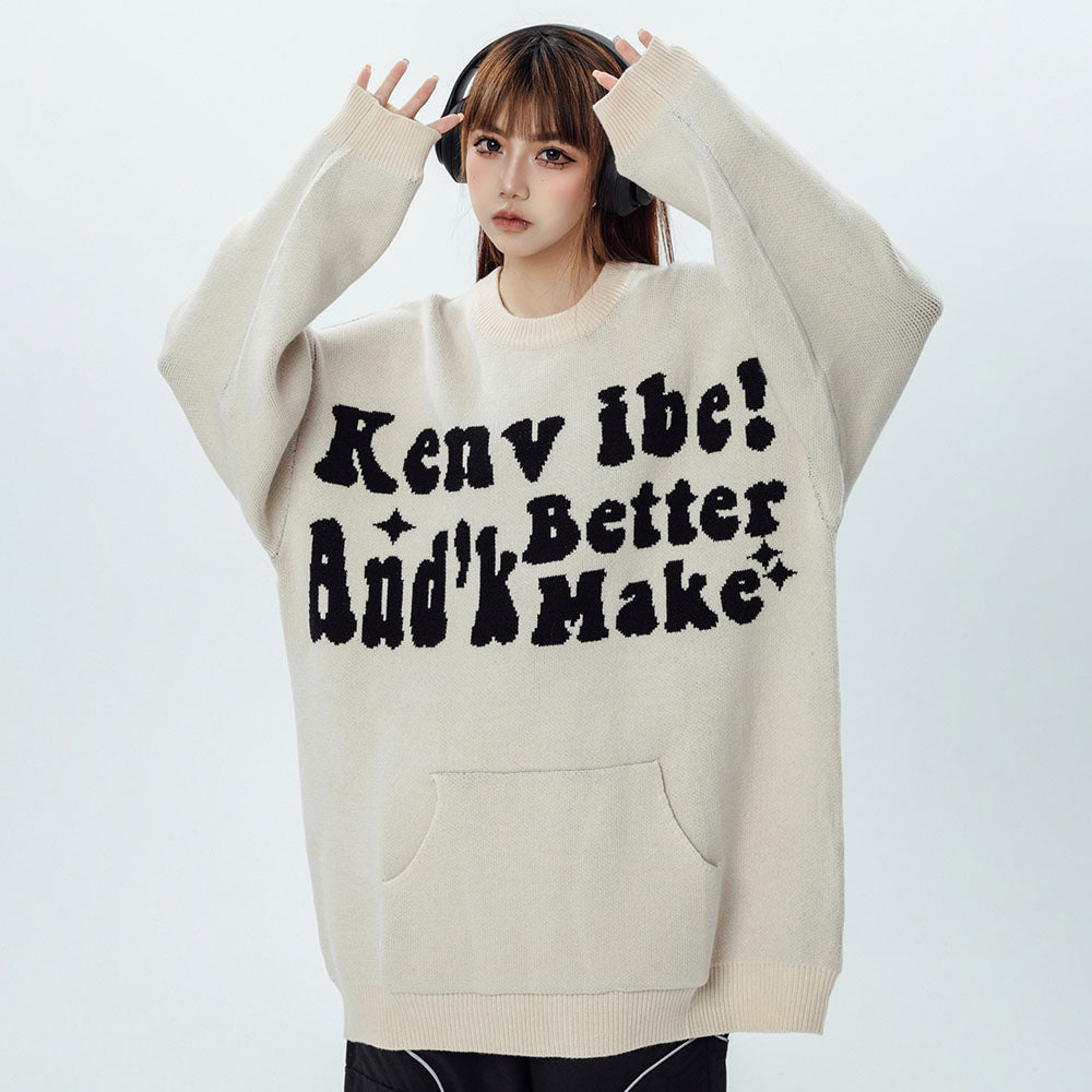Letters Print Round Collar Loose knitwear Sweater