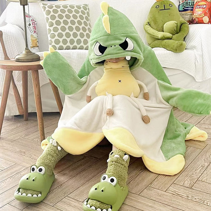 Cartoon Dinosaur Plush Hooded Blanket